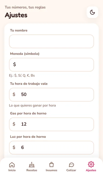 Pantalla de ajustes con el valor de la hora y el gas