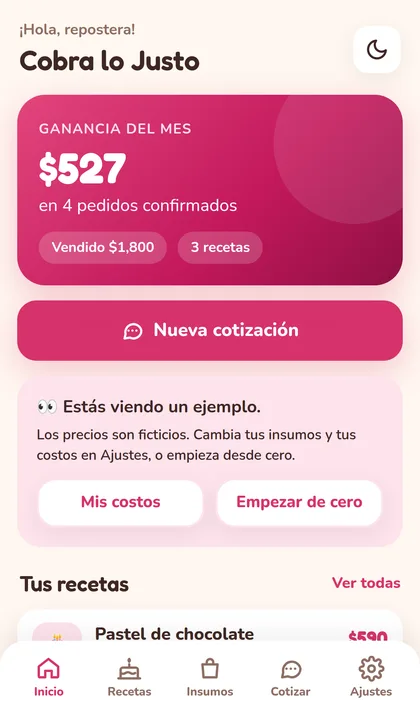 Pantalla de inicio con la ganancia del mes