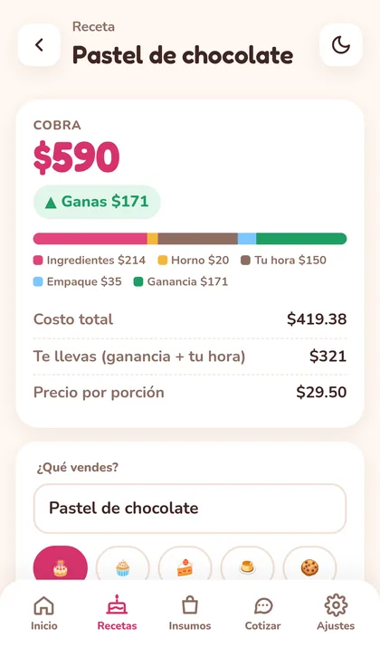 Receta con el precio a cobrar y la ganancia